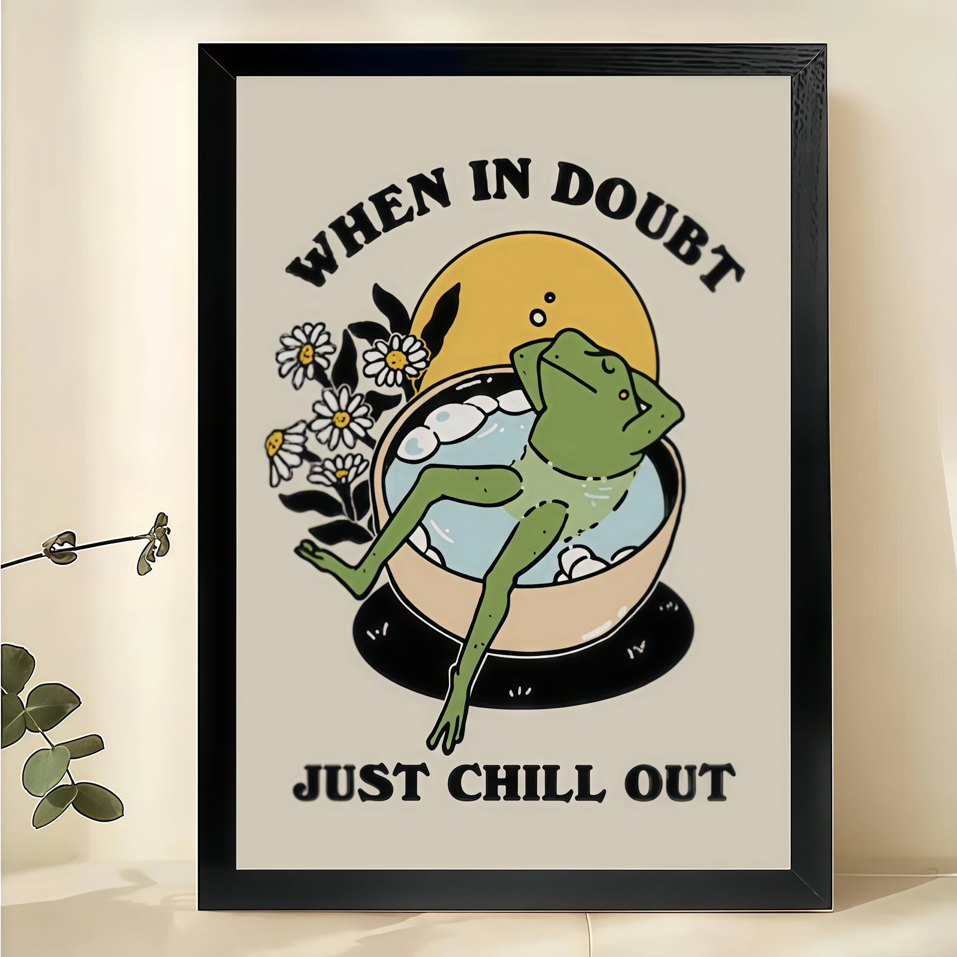 “When In Doubt Just Chill Out” Frog Bath – Relaxing Motivational Wall Art on Natural Wood Canvas