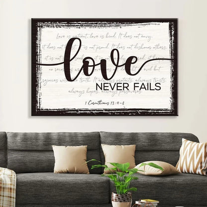 rustic love never fails 1 corinthians 13 4 8 wall art canvas (Landscape)