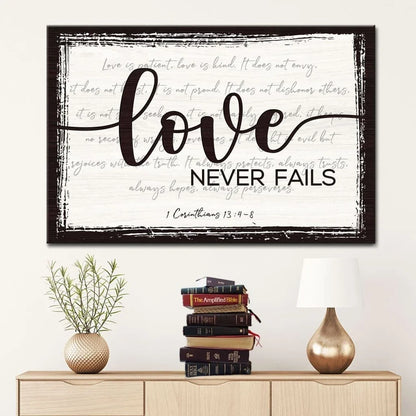 rustic love never fails 1 corinthians 13 4 8 wall art canvas (Landscape) (view 6)