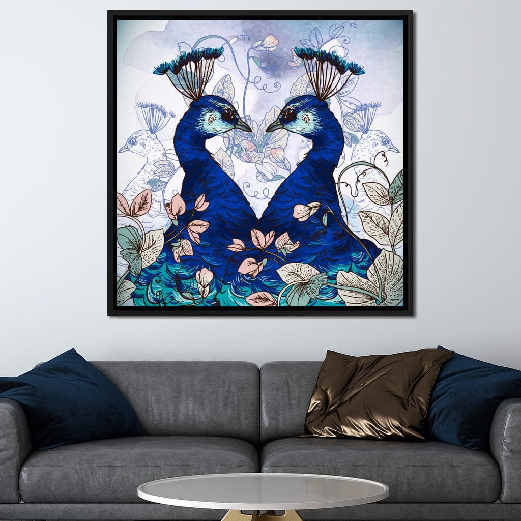 Blue Floral Peacocks Canvas Wall Art