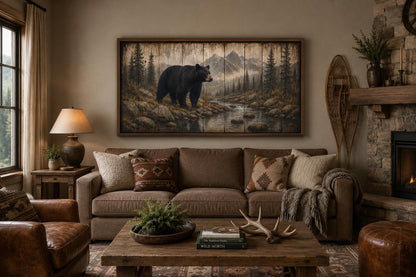 Black Bear Wall Art - Rustic Cabin Decor Canvas Print for Mountain Lodge