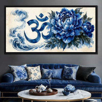 Om Blue Peony Meditation Mood Canvas Wall Art