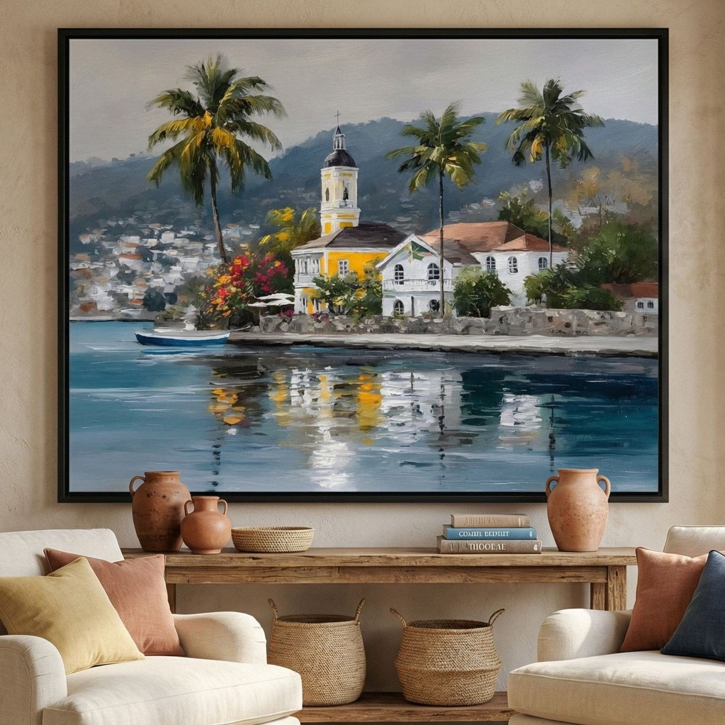 Tropical Harbor Church View Canvas Wall Art