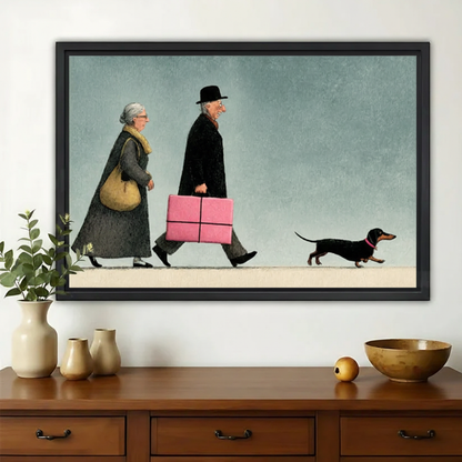 Elderly Couple and Dachshund Wall Art – Charming Whimsical Canvas Print on Natural Wood Frame