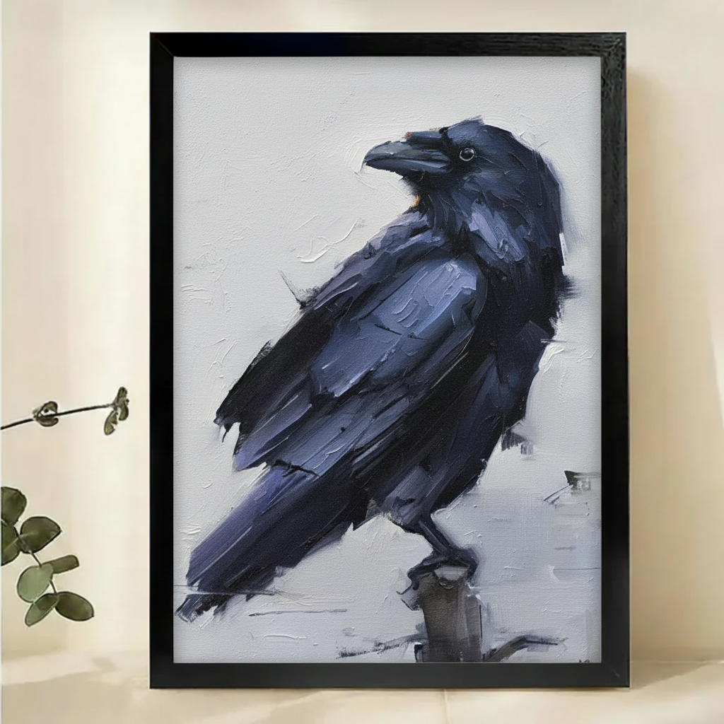 Raven Portrait Wall Art – Dark Academia Impasto Oil Painting Canvas Print on Natural Wood Frame