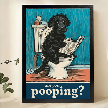 Are You Pooping? Funny Dog Wall Art – Vintage Woodcut Bathroom Canvas Print on Natural Wood Frame