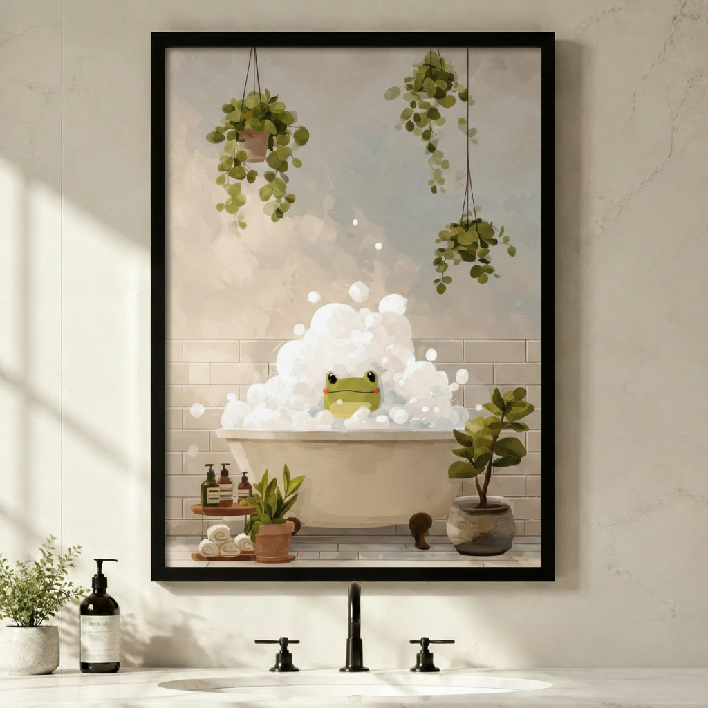 Cute Frog Bubble Bath Botanical Canvas Wall Art