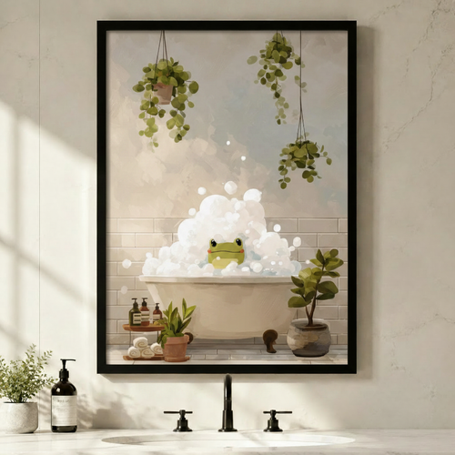 Cute Frog Bubble Bath Botanical Canvas Wall Art