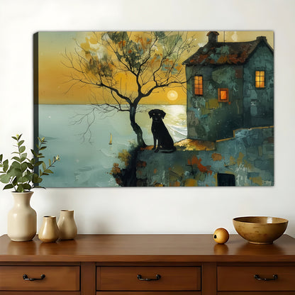 Seaside Cottage Black Dog – Warm Sunset Wall Art on Natural Wood Canvas