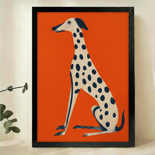 Spotted Greyhound Wall Art – Bold Retro Graphic Dog Canvas Print on Natural Wood Frame