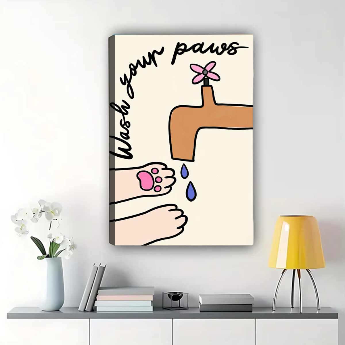 Wash Your Paws Bathroom Art - Cute Pet Hygiene Print Canvas Wall Art