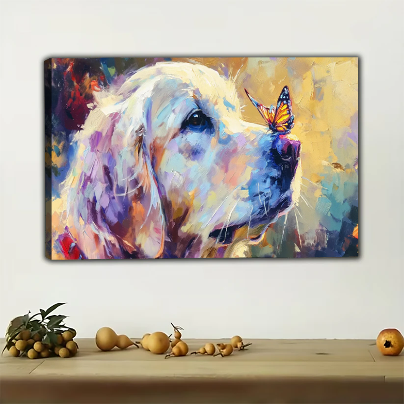 Dog and Butterfly Abstract Canvas Art - Colorful Modern Wall Decor