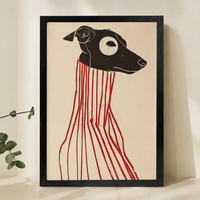 Greyhound with Red Lines Wall Art – Abstract Expressionist Dog Canvas Print on Natural Wood Frame