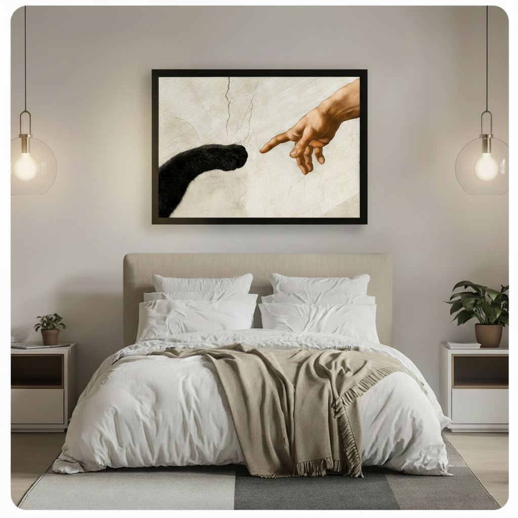 Black Cat Paw Meets Human Finger Canvas Wall Art