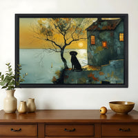 Seaside Cottage Black Dog – Warm Sunset Wall Art on Natural Wood Canvas