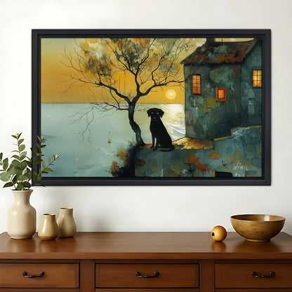 Seaside Cottage Black Dog – Warm Sunset Wall Art on Natural Wood Canvas