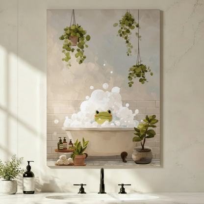 Cute Frog Bubble Bath Botanical Canvas Wall Art