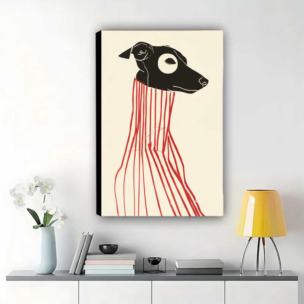 Greyhound with Red Lines Wall Art – Abstract Expressionist Dog Canvas Print on Natural Wood Frame