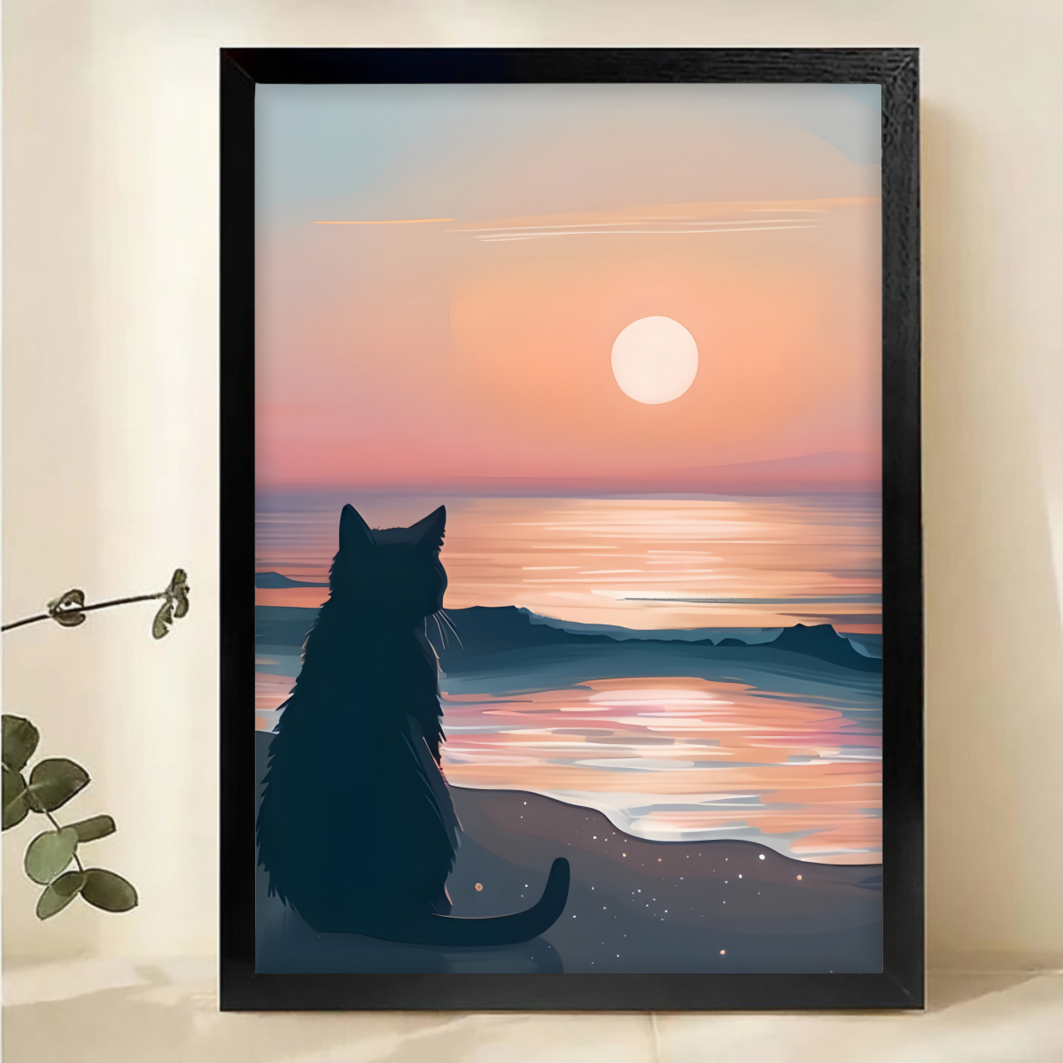 Cat Watching Sunset on Beach Canvas Art - Ocean Silhouette Wall Print