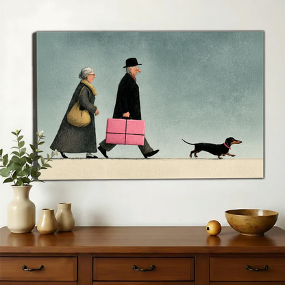 Elderly Couple and Dachshund Wall Art – Charming Whimsical Canvas Print on Natural Wood Frame