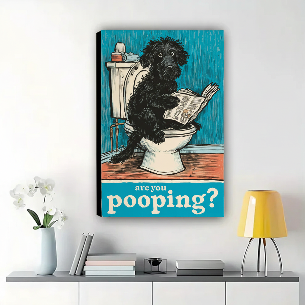 Are You Pooping? Funny Dog Wall Art – Vintage Woodcut Bathroom Canvas Print on Natural Wood Frame