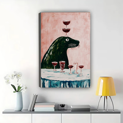 Seal Balancing Wine Glasses Wall Art – Funny Animal Canvas
