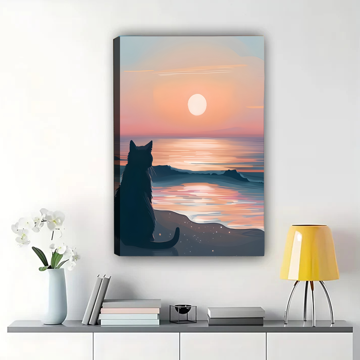 Cat Watching Sunset on Beach Canvas Art - Ocean Silhouette Wall Print