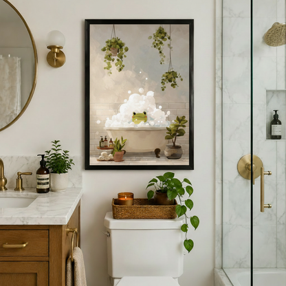 Cute Frog Bubble Bath Botanical Canvas Wall Art