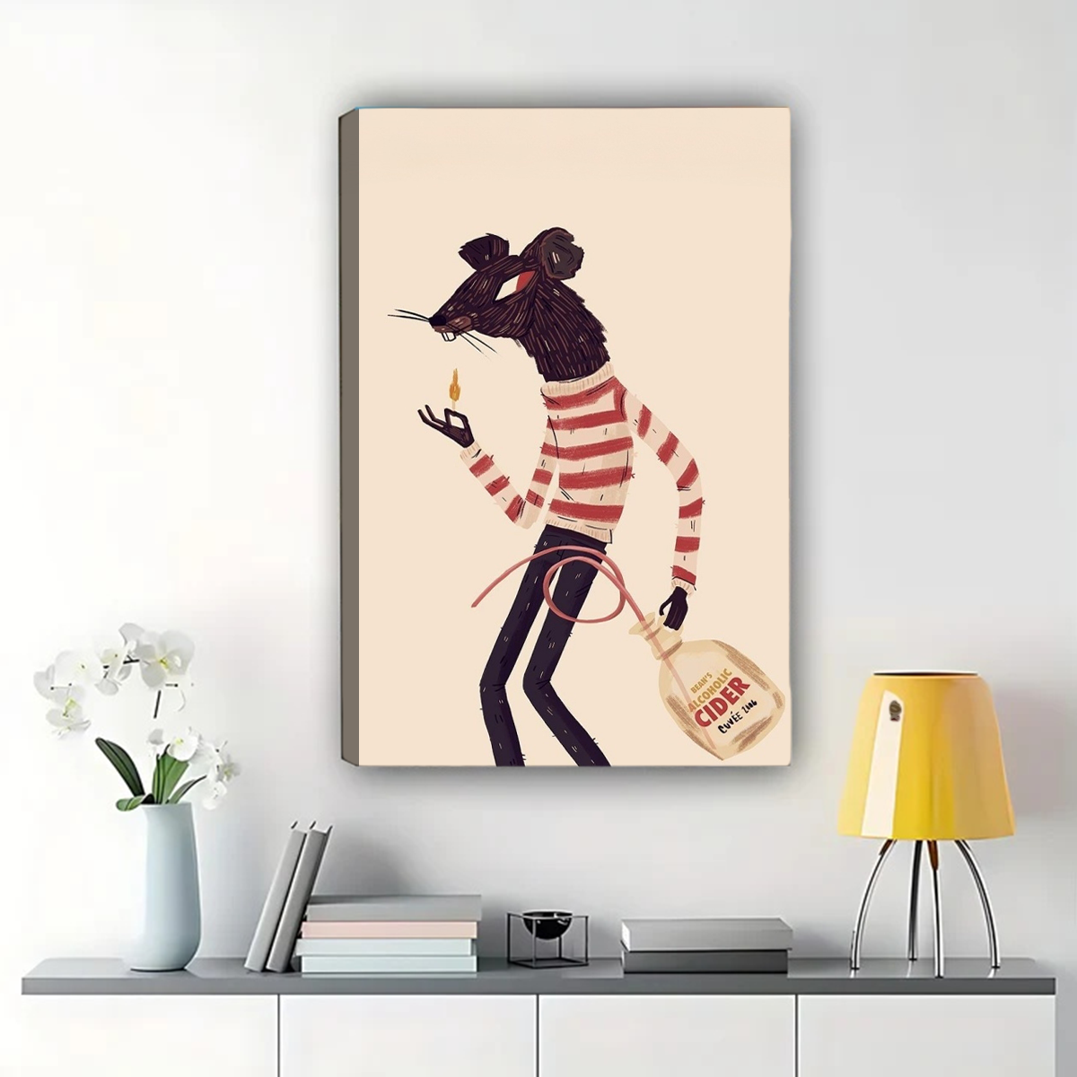 Mouse with Cider Bag Wall Art - Whimsical Folk Art Print