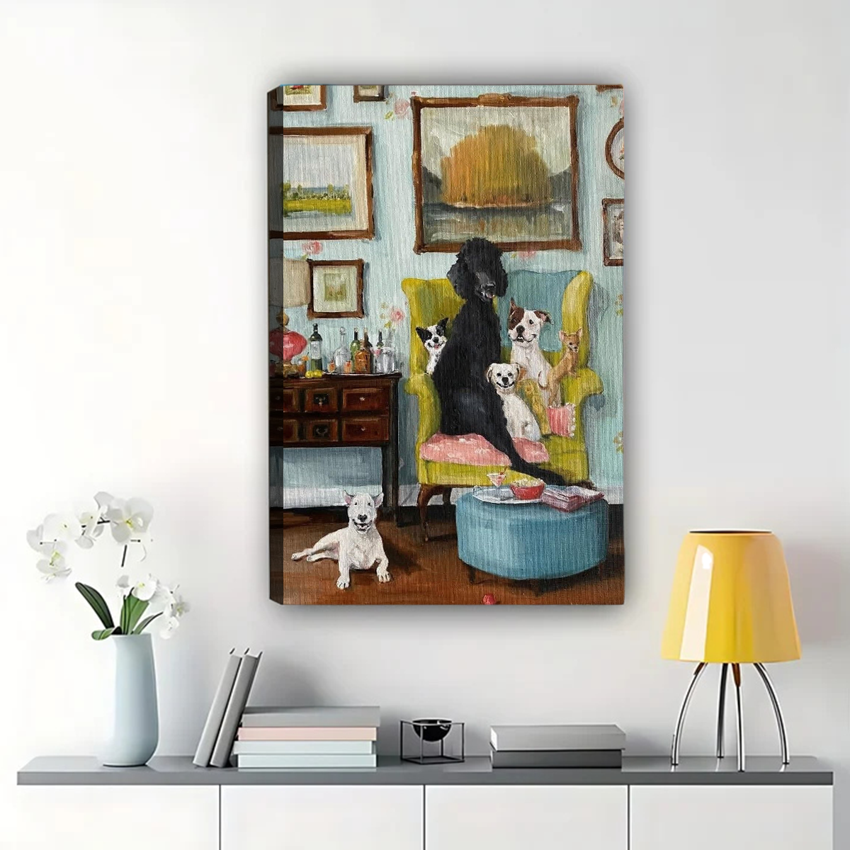 Dog Party Living Room Wall Art - Whimsical Poodle Print