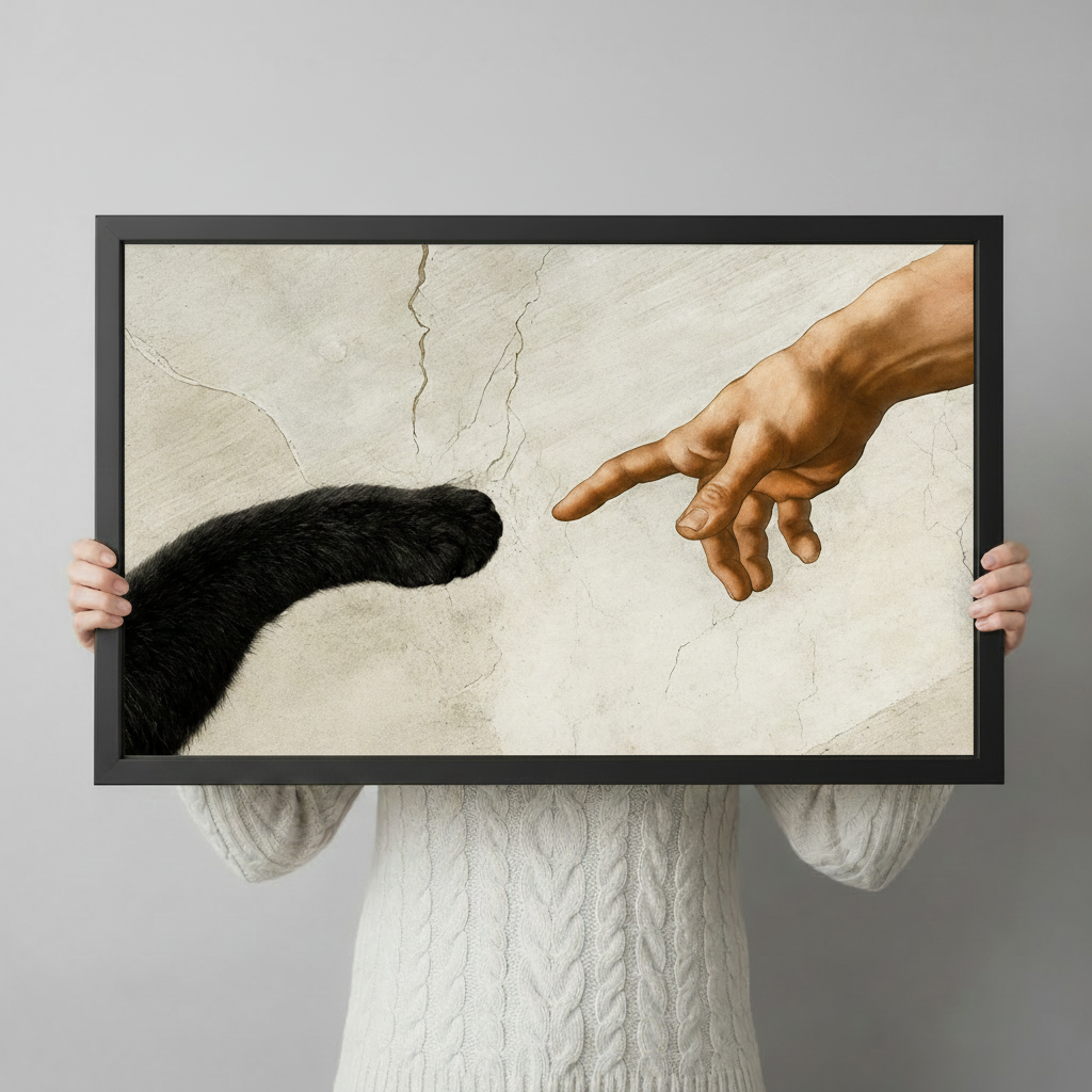 Black Cat Paw Meets Human Finger Canvas Wall Art