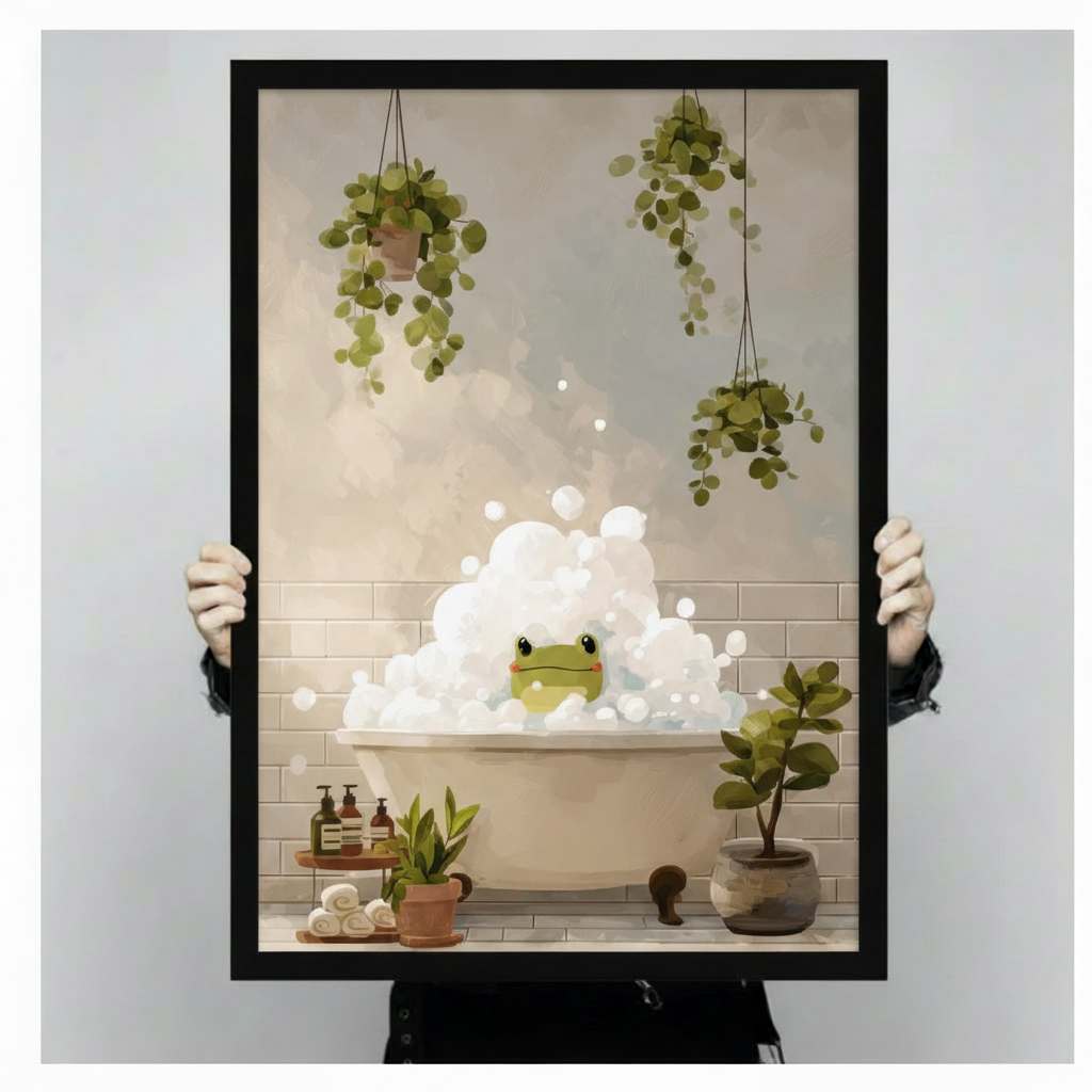 Cute Frog Bubble Bath Botanical Canvas Wall Art