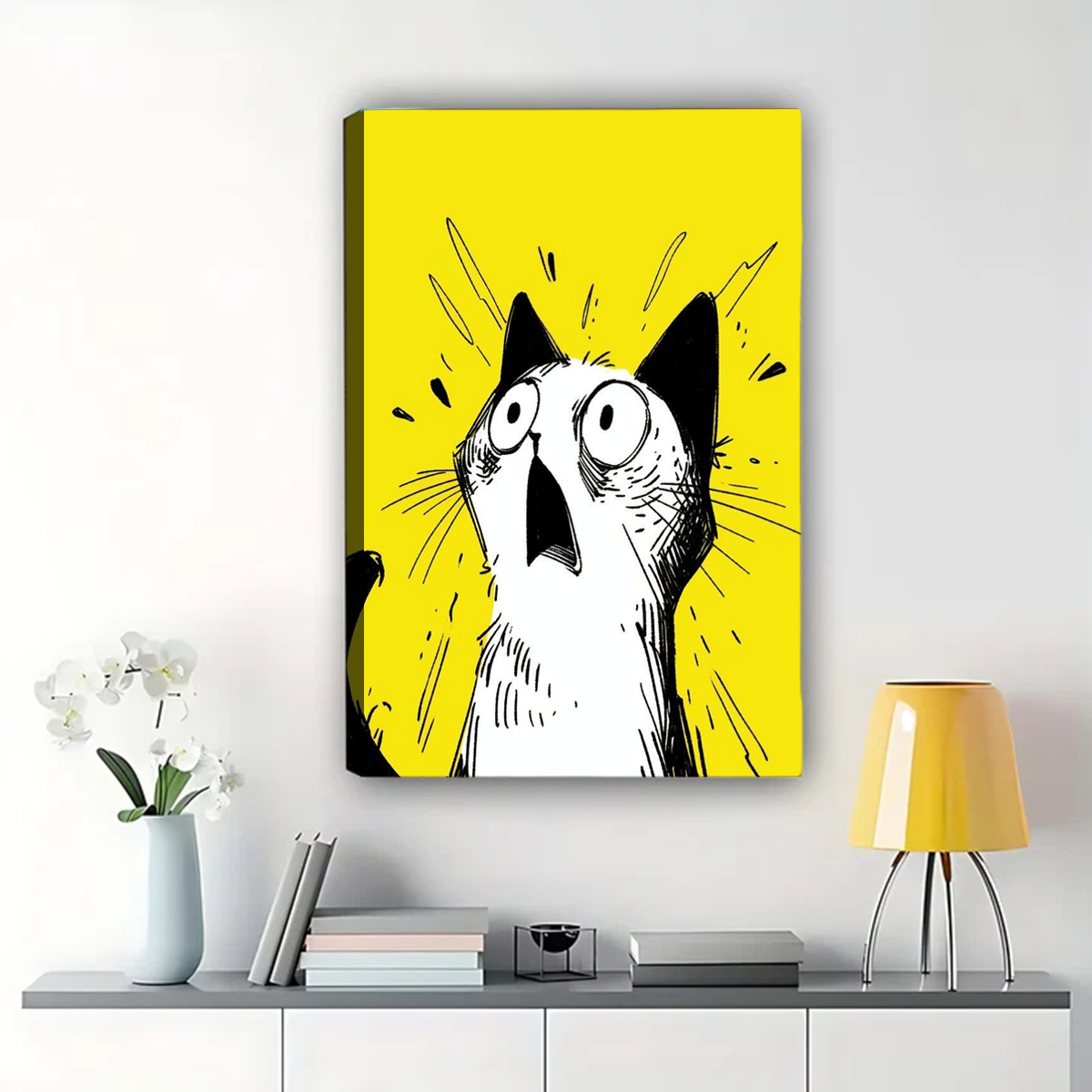 Shocked Cat Wall Art - Funny Yellow Pop Art Print
