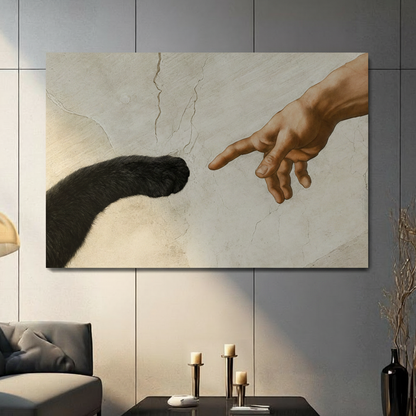 Black Cat Paw Meets Human Finger Canvas Wall Art