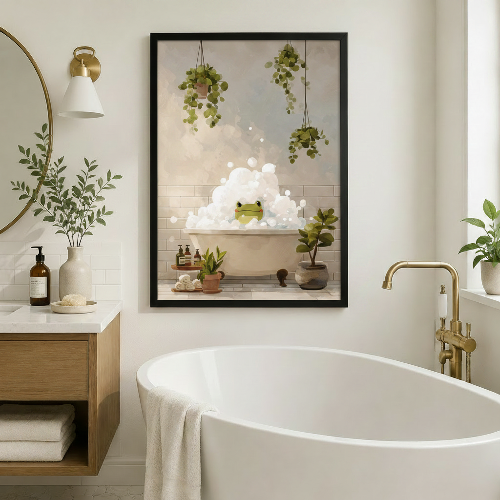 Cute Frog Bubble Bath Botanical Canvas Wall Art