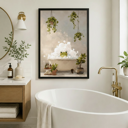 Cute Frog Bubble Bath Botanical Canvas Wall Art