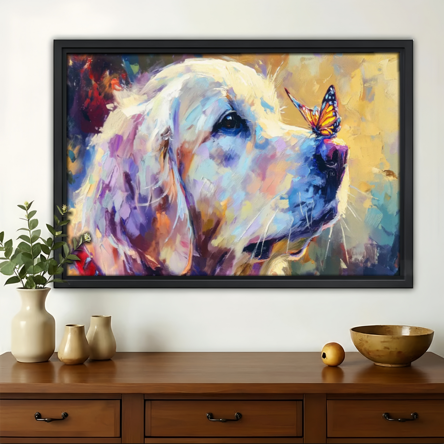 Dog and Butterfly Abstract Canvas Art - Colorful Modern Wall Decor