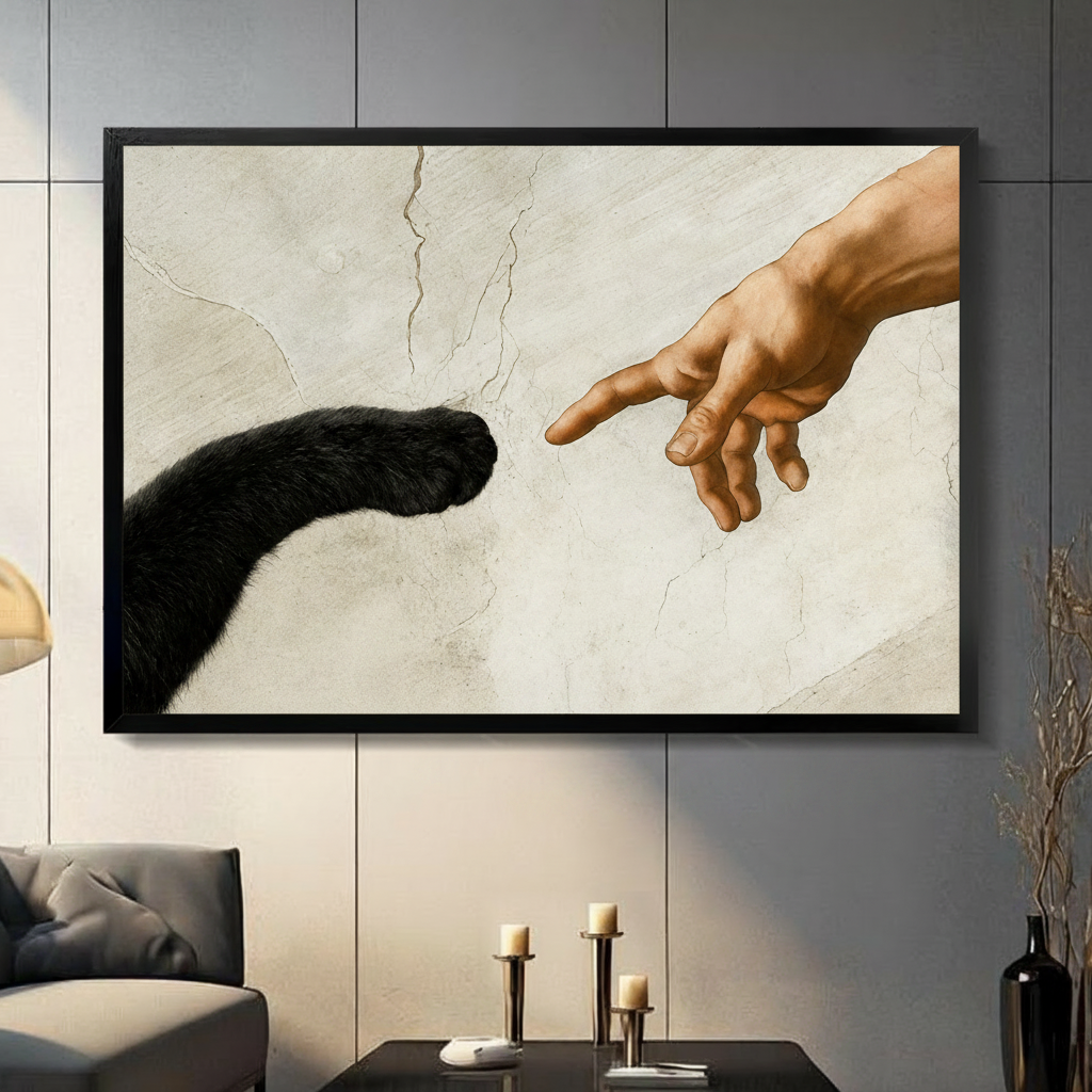 Black Cat Paw Meets Human Finger Canvas Wall Art
