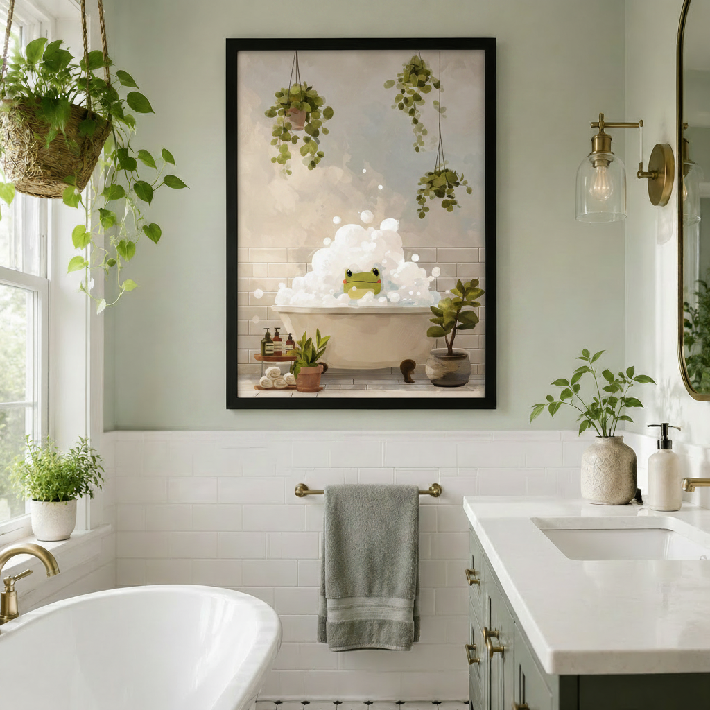 Cute Frog Bubble Bath Botanical Canvas Wall Art