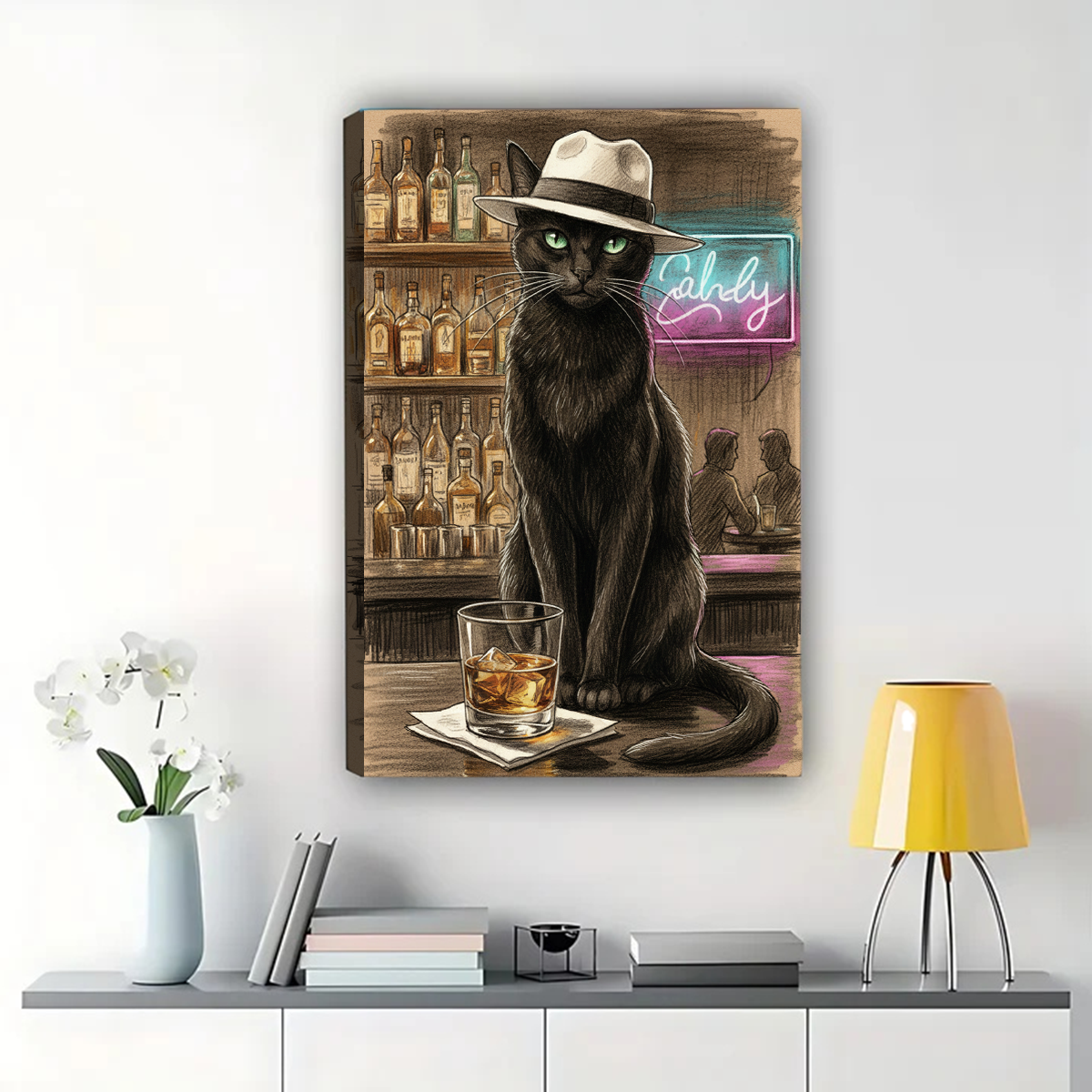 Cool Cat at Bar Wall Art - Vintage Whiskey Print