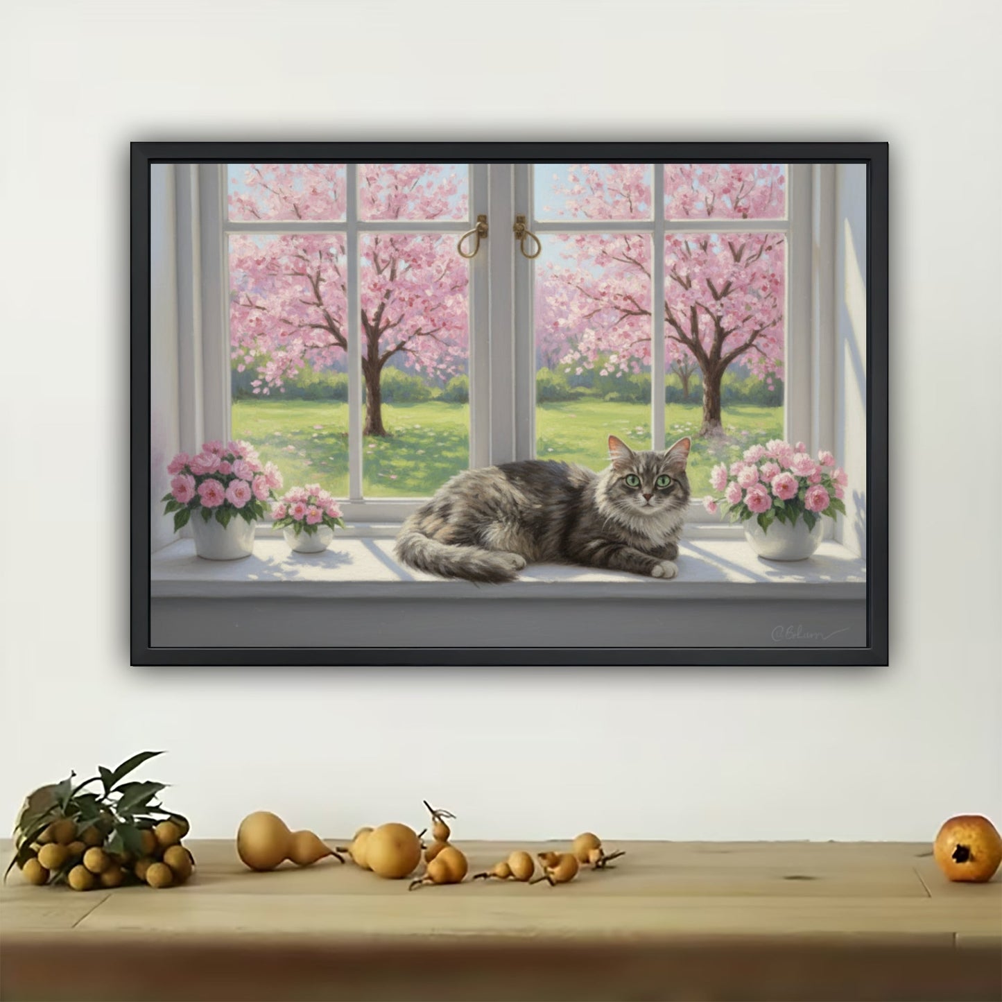The Romantic Cherry Blossom Twin Cats – Cozy Wall Art on Natural Wood Canvas