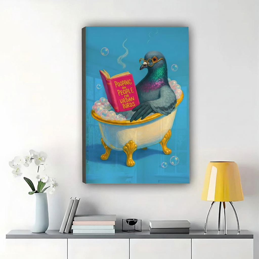 Pigeon Bathing & Reading – Retro Bathroom Wall Art on Natural Wood Canvas