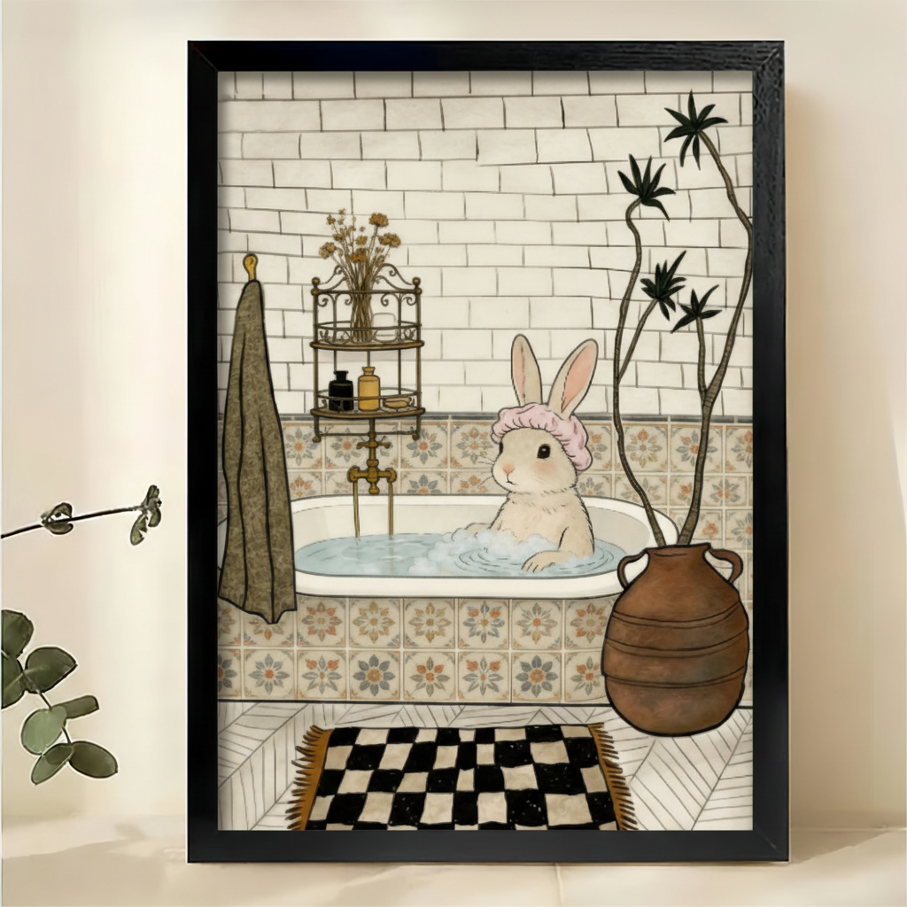 Bunny Bath Time Art Print – Whimsical Bathroom Wall Decor Framed Canvas