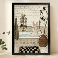 Bunny Bath Time Art Print – Whimsical Bathroom Wall Decor Framed Canvas