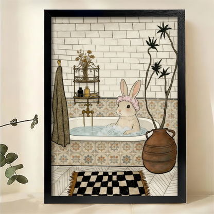 Bunny Bath Time Art Print – Whimsical Bathroom Wall Decor Framed Canvas