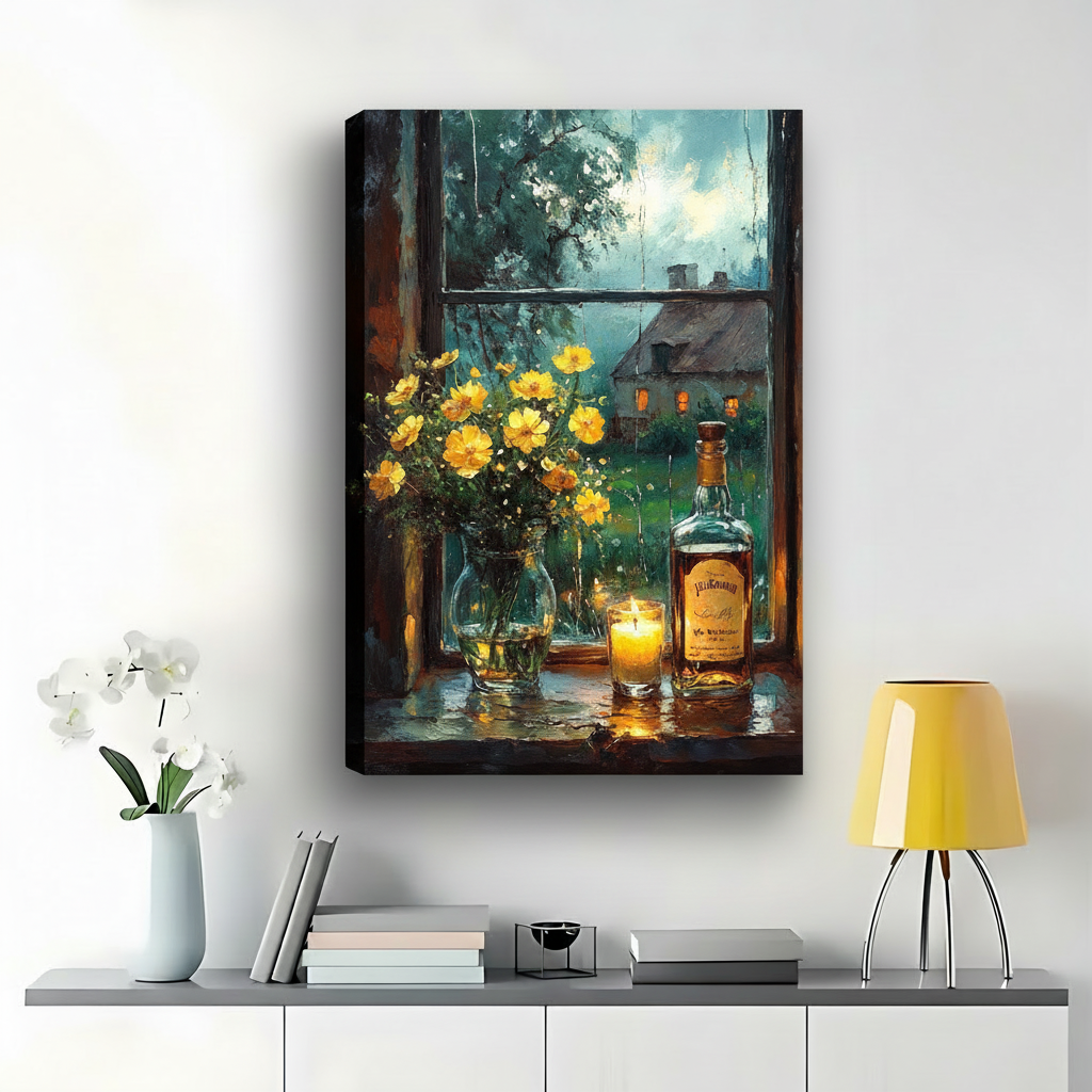 Cozy Windowsill Still Life Art Print – Yellow Flowers Whiskey Canvas Wall Decor