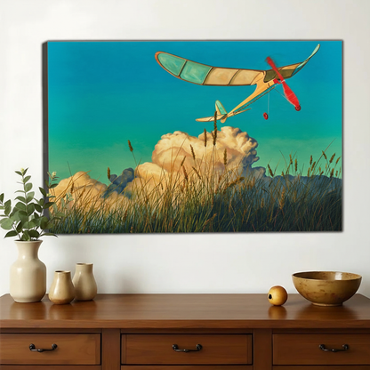 The Glider Over Grassland – Retro Whimsical Wall Art on Natural Wood Canvas