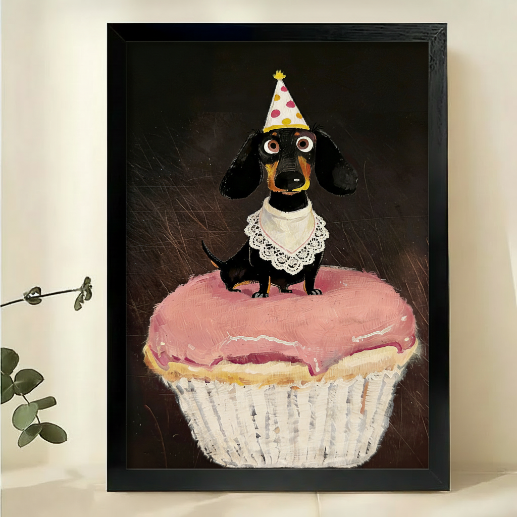 Dachshund Birthday Party Art Print – Whimsical Dog Canvas Wall Decor