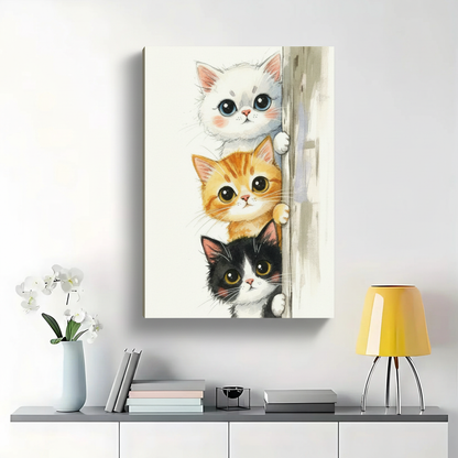 Three Cute Kittens Peeking Wall Art – Watercolor Cat Print for Nursery and Home Decor