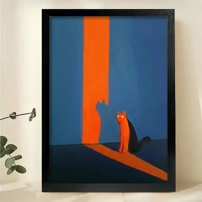 Modern Cat Silhouette Art Print – Minimalist Blue Orange Canvas Wall Decor